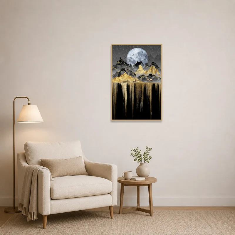 Moonlit mountain art enhancing the peaceful vibe of a cozy reading corner.
