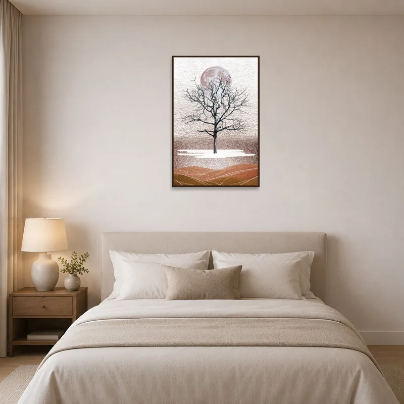 Bedroom with mystical tree art and full moon hanging over the bed.