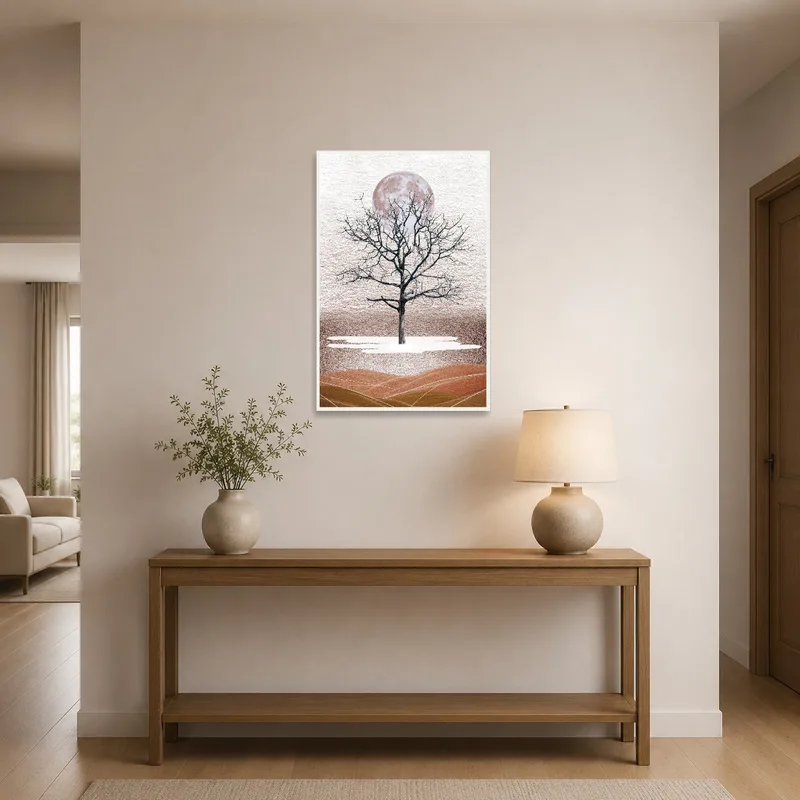 Entrance hall featuring mystical tree art and moon above a console table.