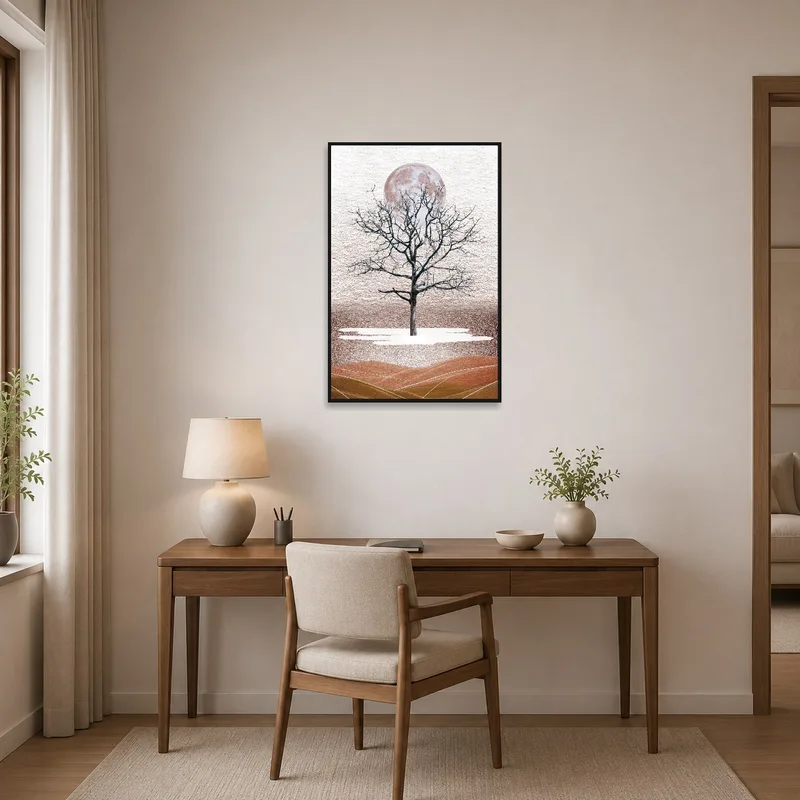 Home office adorned with mystical tree art of a tree and full moon.
