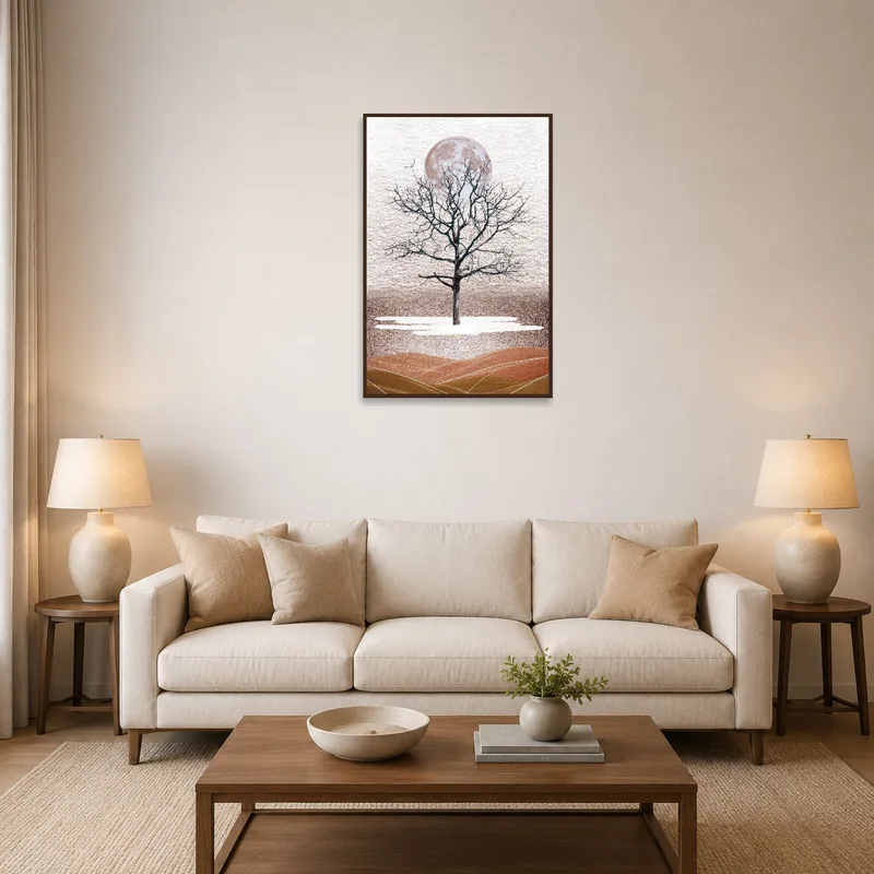 Mystical tree art with full moon hung above a modern living room sofa.