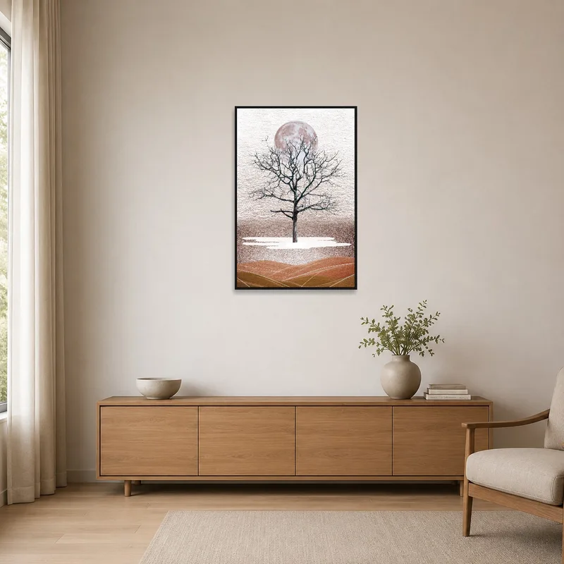 Minimalist room showcasing tree art with moon on a white wall.