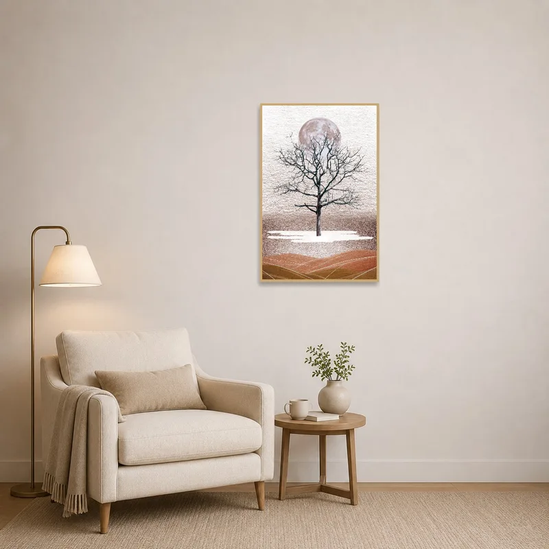 Reading corner with cozy chair and mystical tree art next to bookshelf.