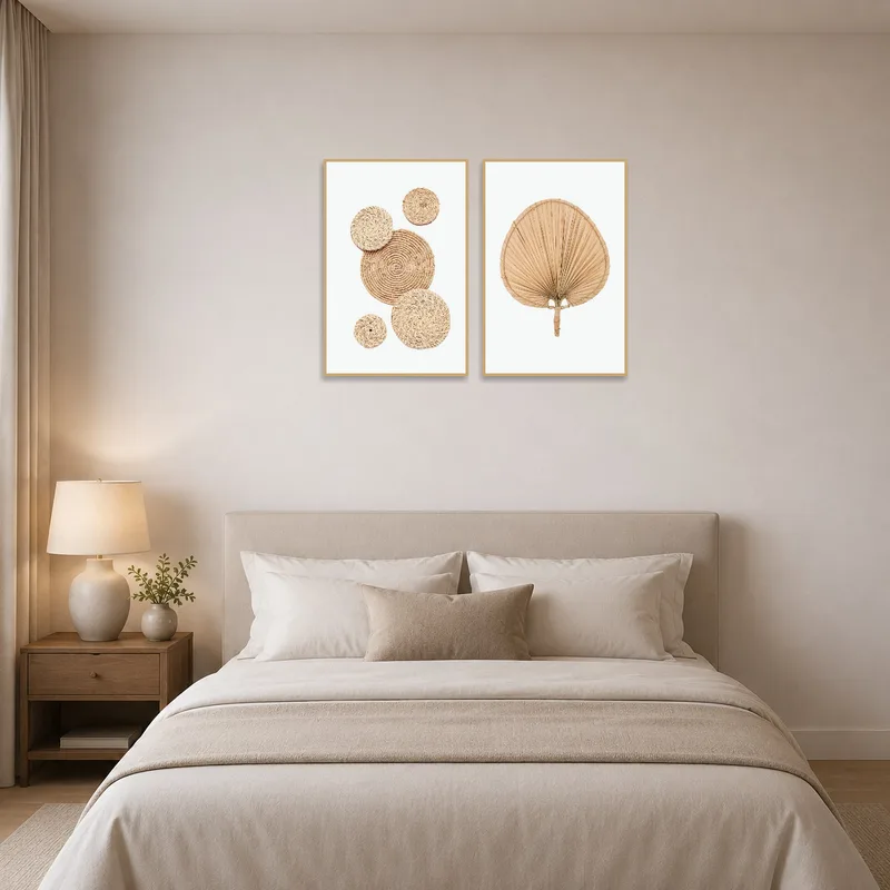 Nature-inspired print set adding warmth to a serene bedroom atmosphere.