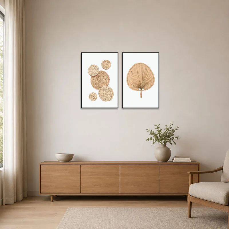 Leaf and basket print set enhancing a clean, minimalist room with simple furnishings.