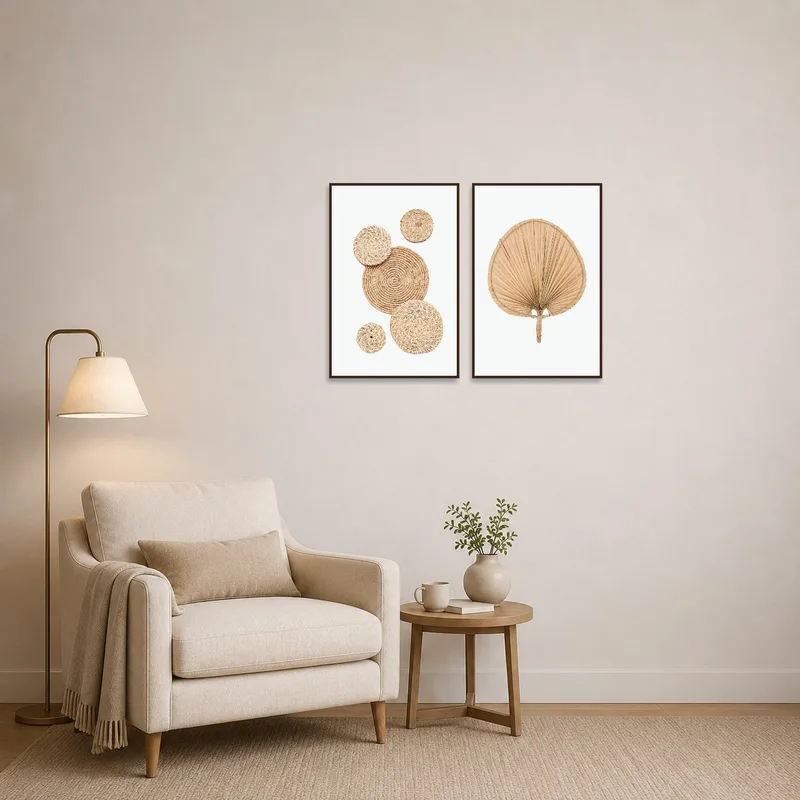 Leaf and basket print set creating a calming vibe in a cozy reading corner.