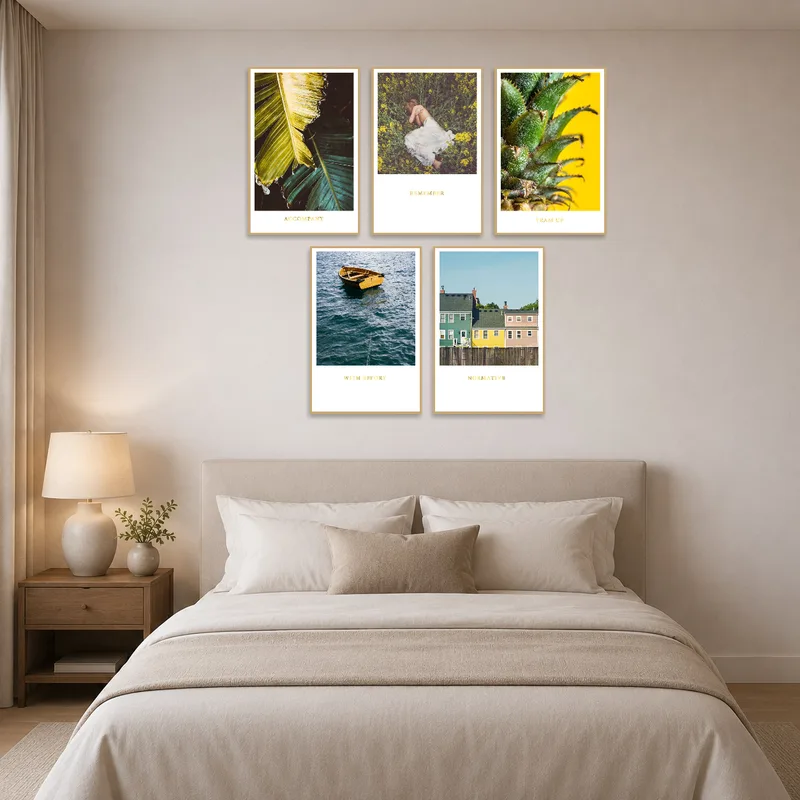 Relaxing bedroom adorned with nature and lifestyle-inspired artwork.