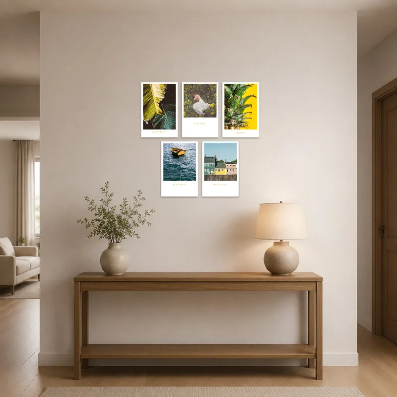 Nature and lifestyle art displayed in an entrance hall setting.