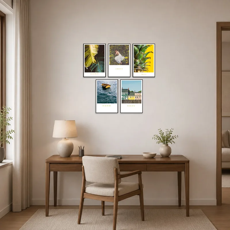 Home office featuring nature and lifestyle art on the wall.
