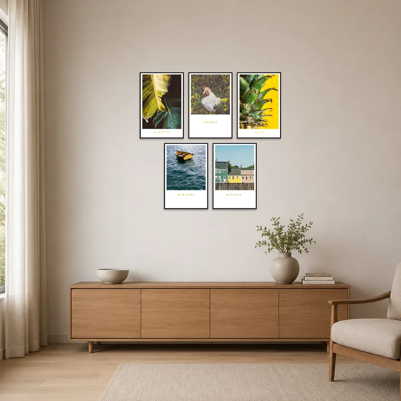 Simple nature-themed art set in a minimalist room with light decor.