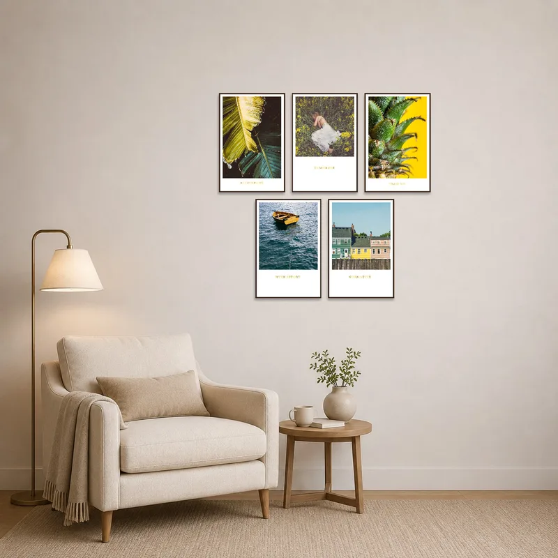 Art collection with natural themes in a cozy reading corner.