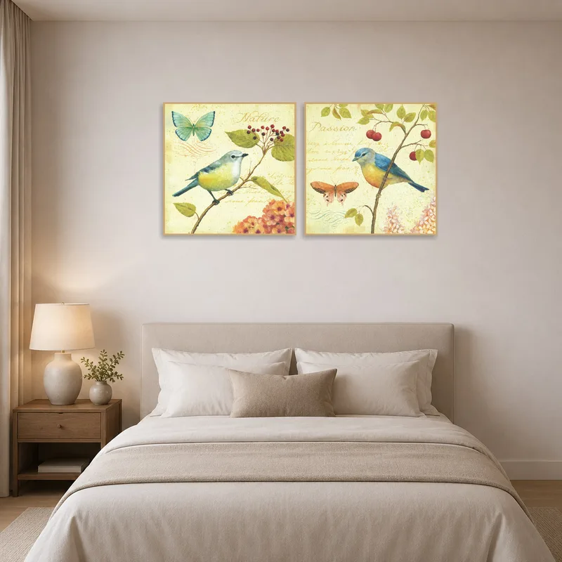 Beautiful bird and butterfly art set enriches the bedroom decor.