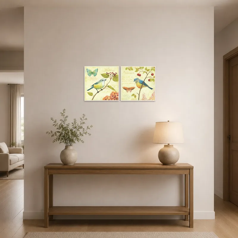 Entrance hall accentuated by vivid bird and butterfly art set.
