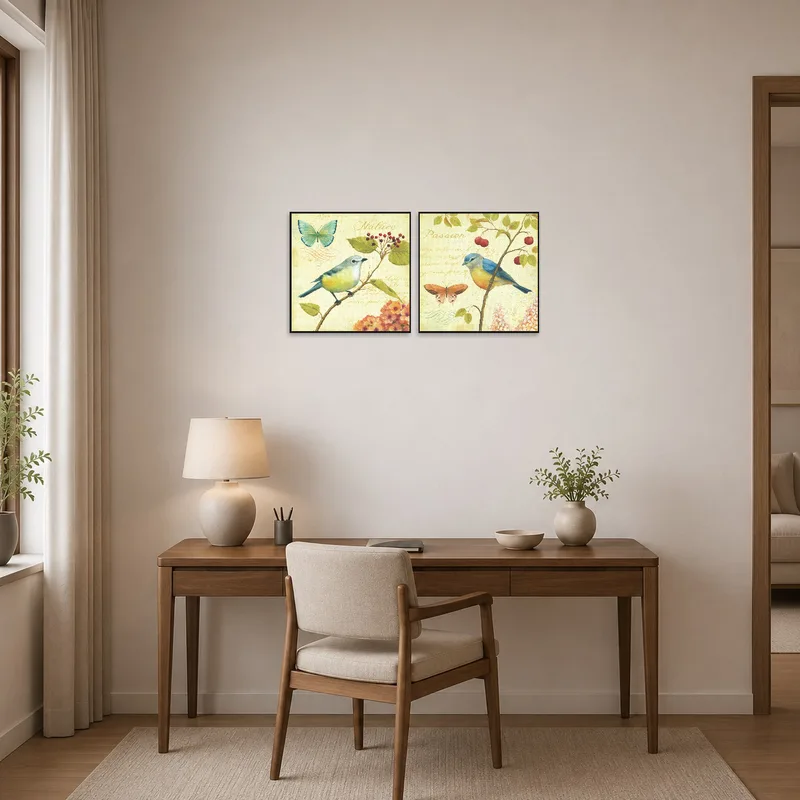 Home office brightened by striking bird and butterfly art set.