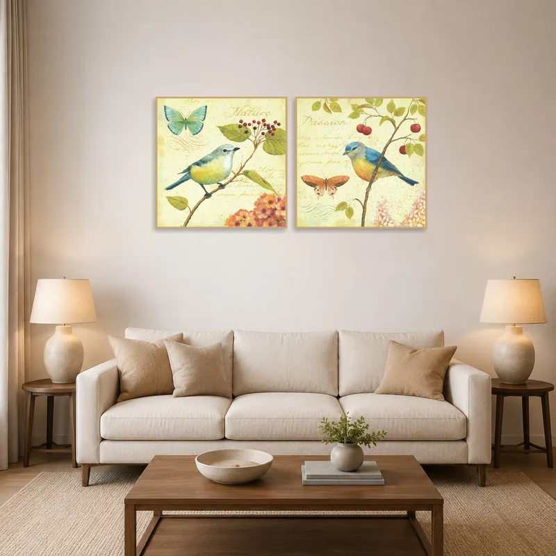 Bird and butterfly art set enhances the living room elegance.