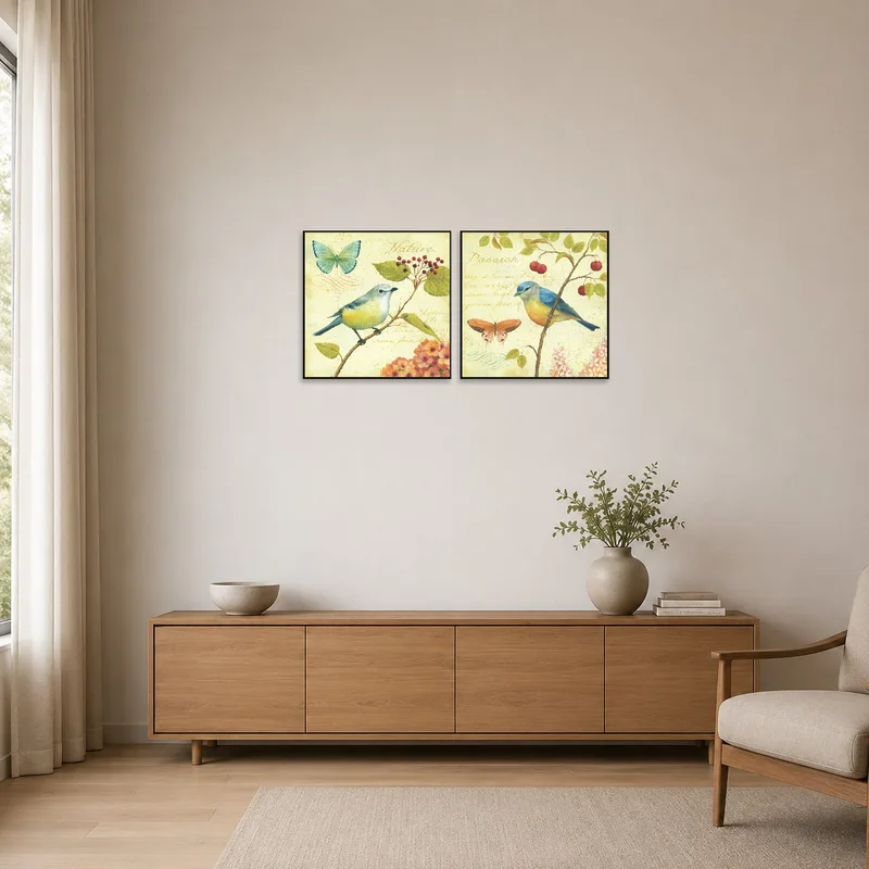 Minimalist space complemented with bird and butterfly art set.