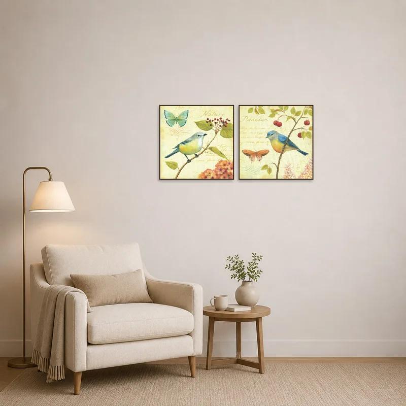 Cozy reading corner enlivened with bird and butterfly art set.