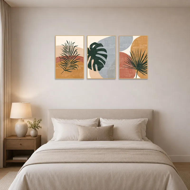 Organic botanical abstracts adorn the wall above a contemporary bed.