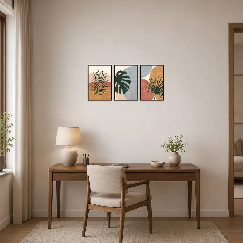 Triptych set with abstract botanical designs invigorates a sleek home office space.