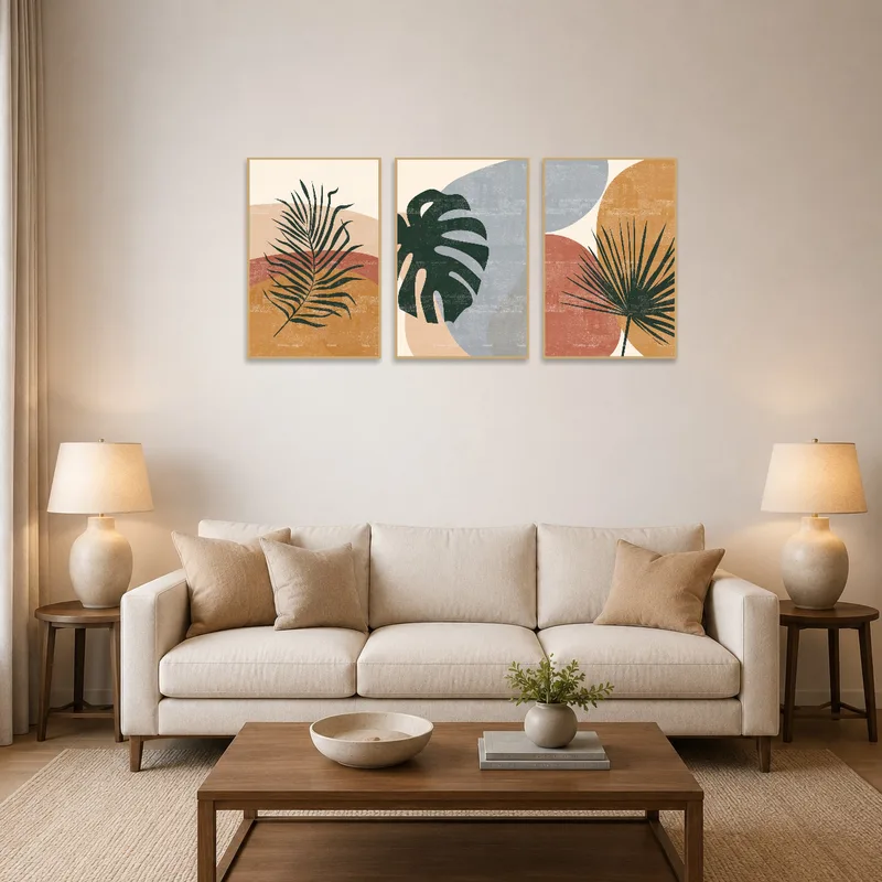 Triptych set with botanical abstracts on a living room wall above a modern sofa.