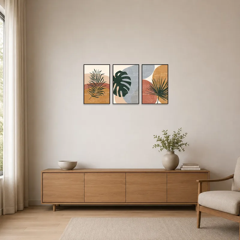 Botanical abstract triptychs enhance a minimalist space with clean lines.