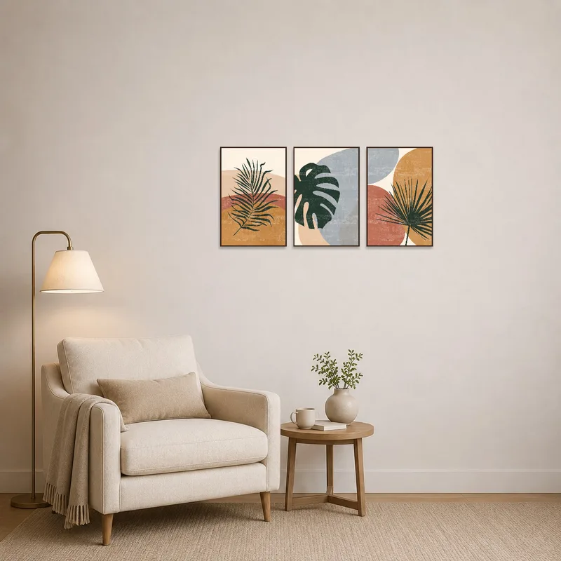 Botanical abstract prints add serenity to a reading corner with a cozy chair.