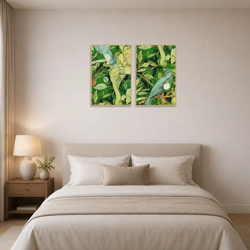 Avian and plant art set enhances the relaxing atmosphere of a bedroom.