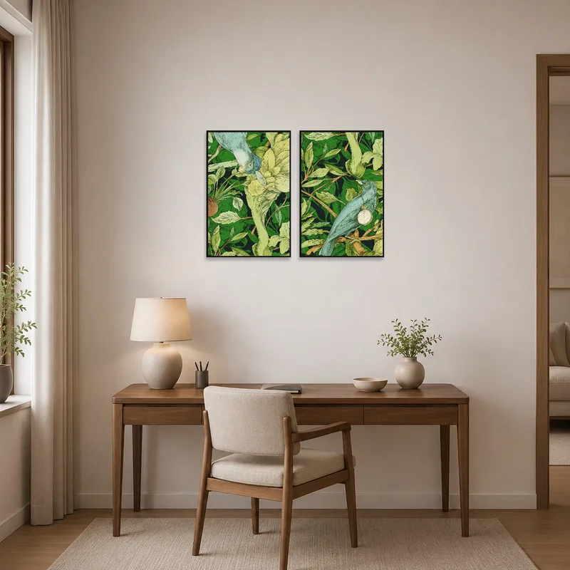 Botanical and bird-themed art decorates a home office wall.