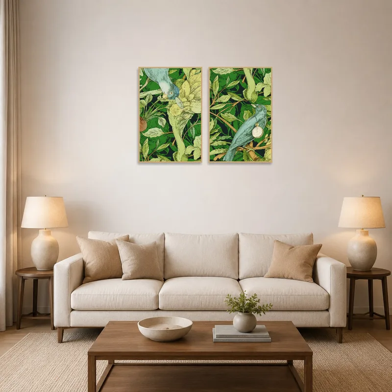 Botanical and avian art set adorns a living room wall by the sofa.