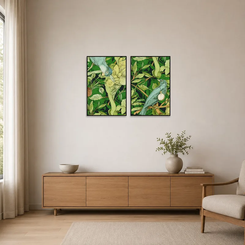Nature-inspired art provides a subtle accent in a minimalist setting.