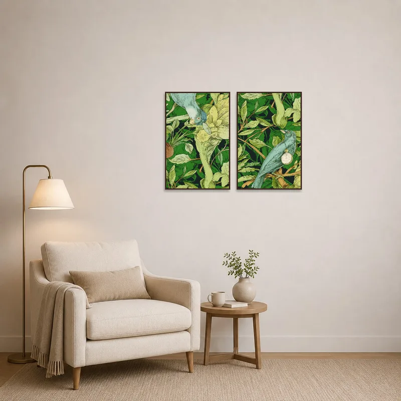 Botanical and bird art creates a tranquil vibe in a reading corner.