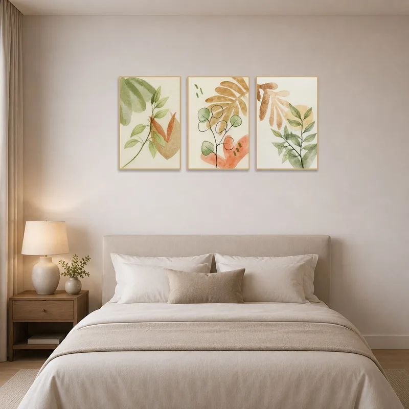 Serene bedroom highlighted by a nature-inspired botanical triptych.