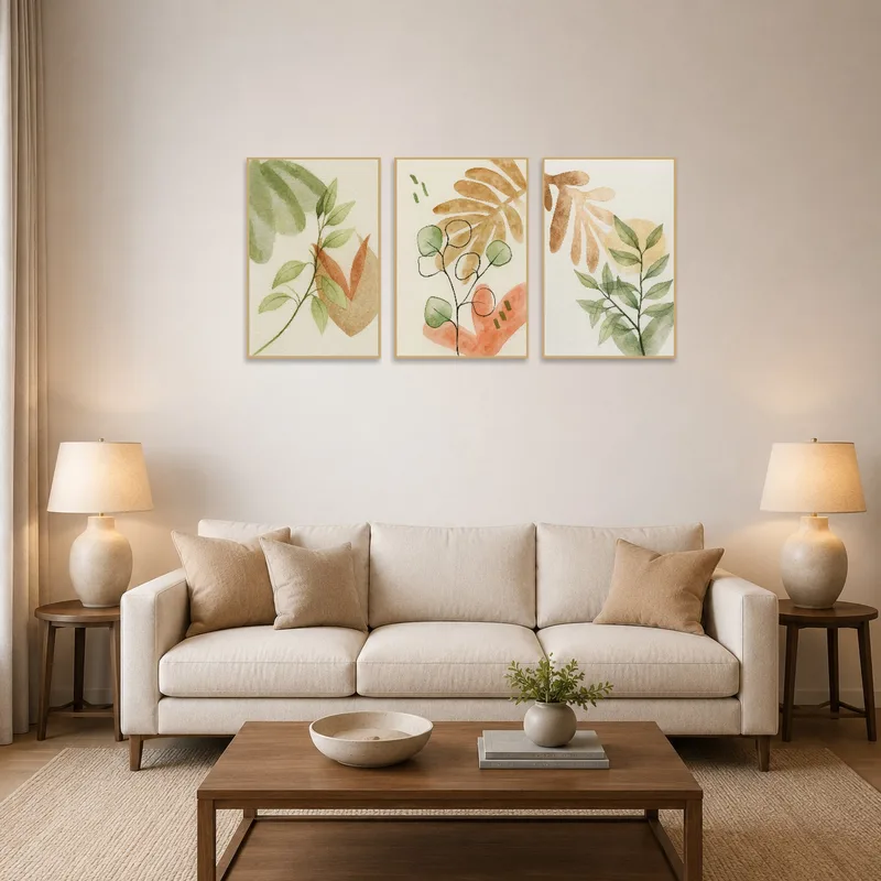 Nature-inspired watercolor triptych adorns a cozy living room wall.