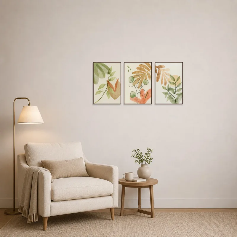 Botanical watercolor triptych adds charm to a cozy reading corner.