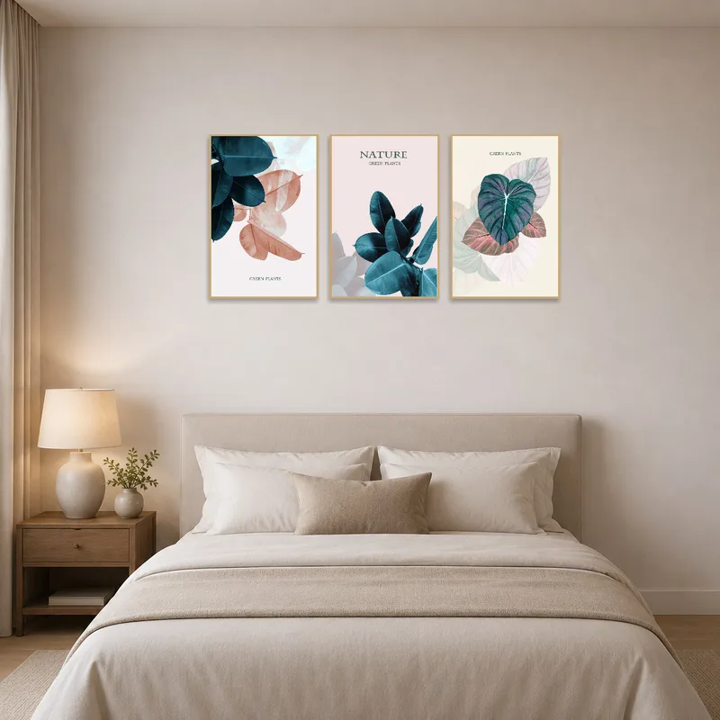 Bedside wall adorned with a soothing botanical leaf artwork for relaxation.