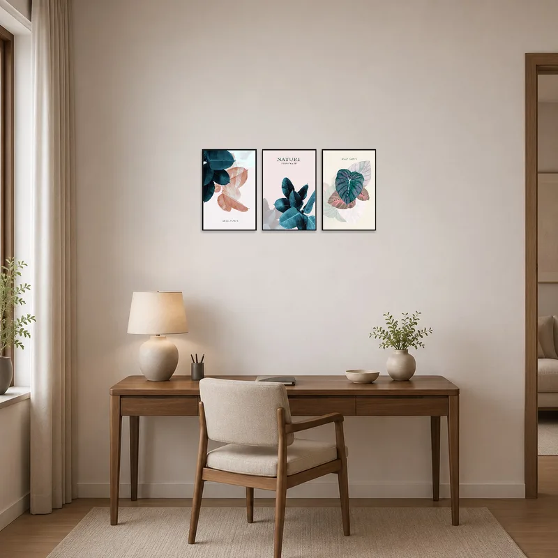 Botanical leaf set brings a natural vibe to a productive home office wall.