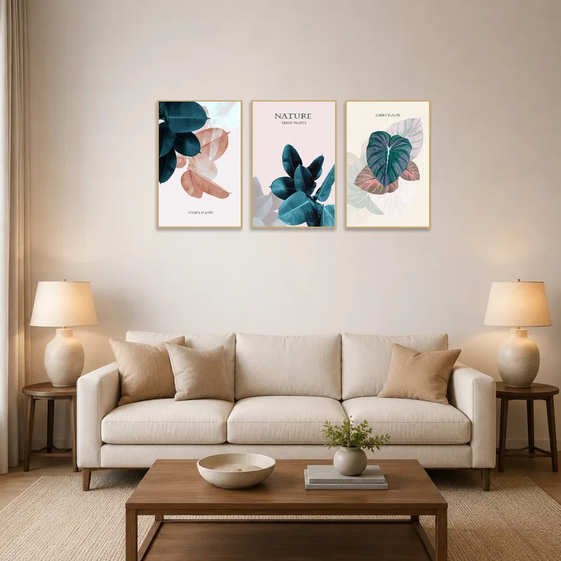 Botanical leaf art set brightens a living room wall with natural elegance.
