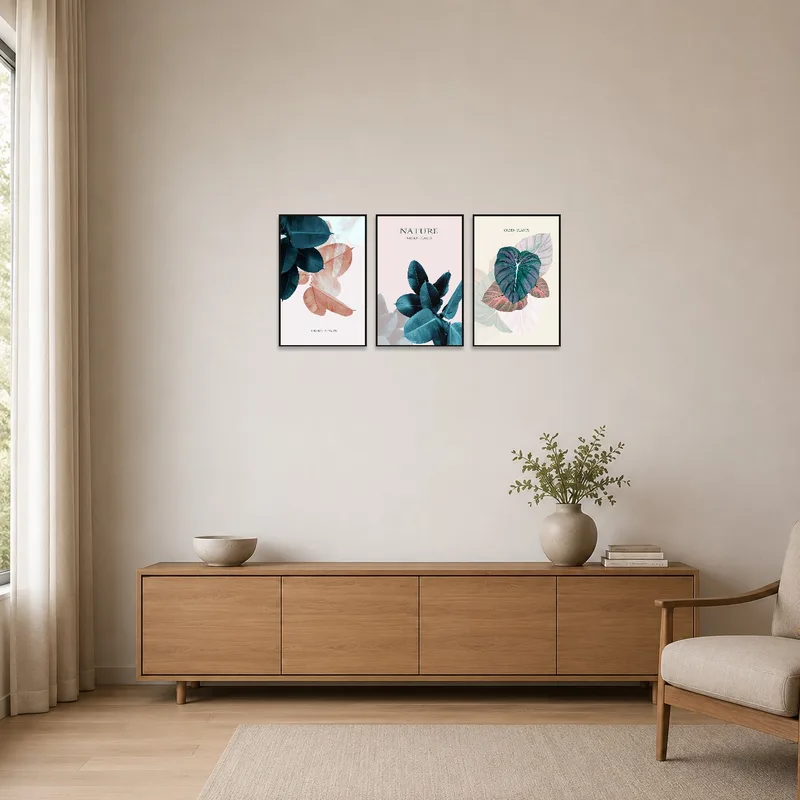 Minimalist setting enhanced by botanical leaf artwork for a serene touch.