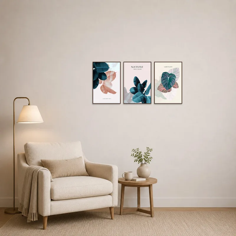 Botanical leaf set adds tranquility to a cozy reading corner wall.