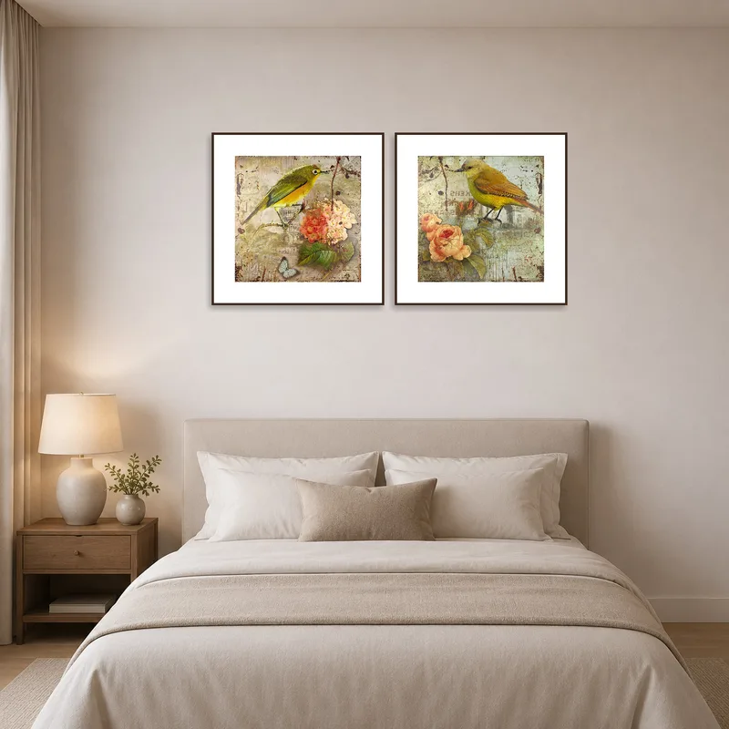 A bedroom with the bird and floral artwork set adding a touch of nature above the bed.