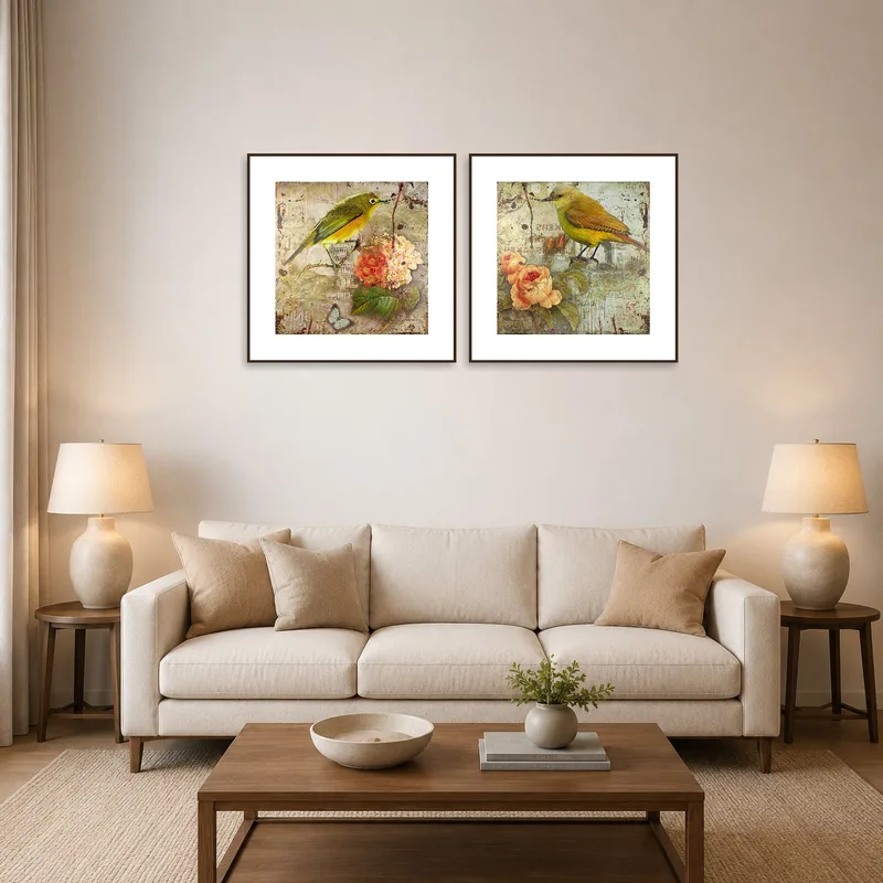 A living room with a bird and floral artwork set adorning the wall above a cozy sofa.