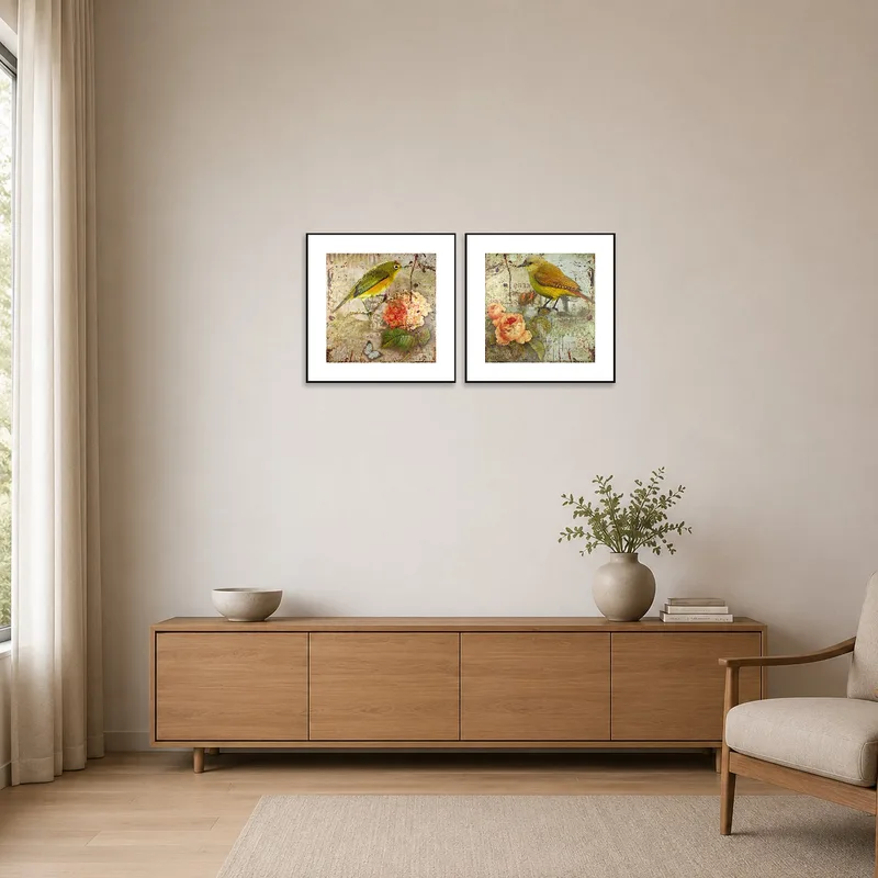A minimalist room showcasing the bird and floral artwork set on a plain wall.