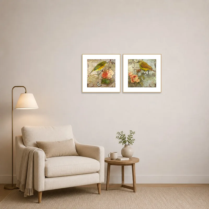 A reading corner with the bird and floral artwork set enhancing the tranquil ambiance.