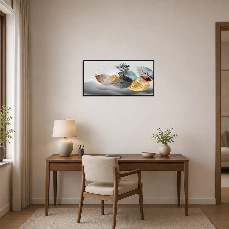Nature-inspired art bringing calm to a productive home office.