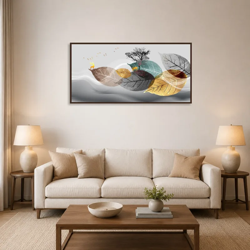 Abstract forest art above a sofa adds a calming touch to the living room.