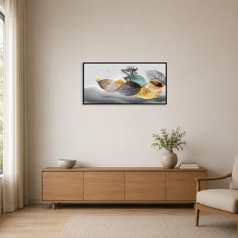 Minimalist space with a nature-themed abstract on a clean wall.