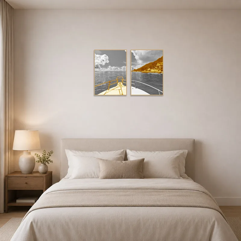 Sepia-toned coastal art infusing a calming ocean vibe into a cozy bedroom setting.