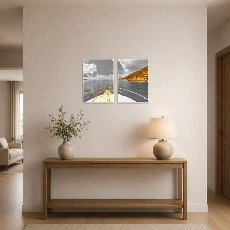 Sepia-toned coastal art offering a sea-inspired greeting near the entrance door.