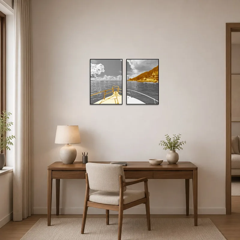 Sepia-toned coastal art bringing coastal inspiration into a productive workspace environment.