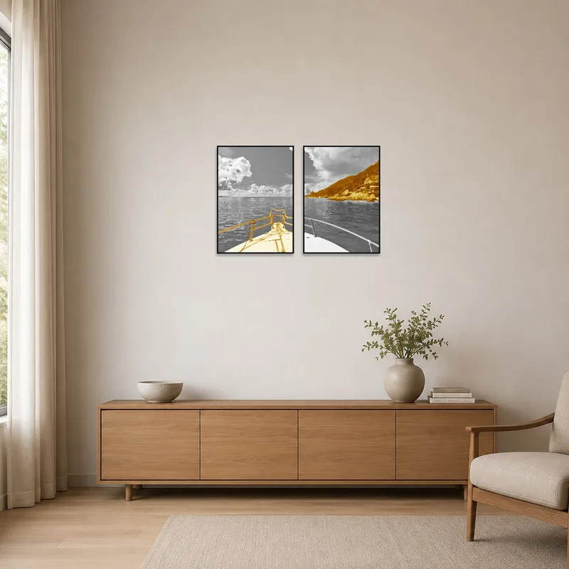 Sepia-toned coastal art enhancing a sparse room with clean lines and neutral colors.